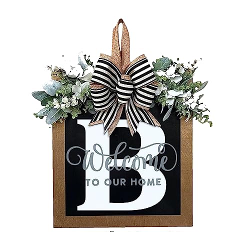 Last Name All Year Round Front Door Wreath with 26 Initial Letter Welcome Sign All Seasons Eucalyptus Garland and Bow ，Farmhouse, Porch, for Spring Summer Fall All Seasons Holiday Halloween Christmas. (B) - color: B
