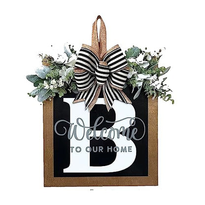 Last Name All Year Round Front Door Wreath with 26 Initial Letter Welcome Sign All Seasons Eucalyptus Garland and Bow ，Farmhouse, Porch, for Spring Summer Fall All Seasons Holiday Halloween Christmas. (B) - color: B