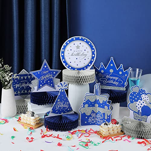 Teling 9 Pcs Happy Birthday Table Decorations Blue and Silver Decorations Navy Blue Centerpieces Happy Birthday Honeycomb Table Centerpieces for Men Women Party Supplies