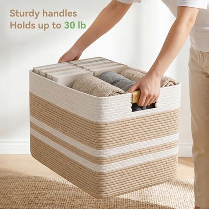 Nunsino 96L Blanket Basket with Leather Handles,Laundry Basket,Brown White - color: Brown White, size: 96L