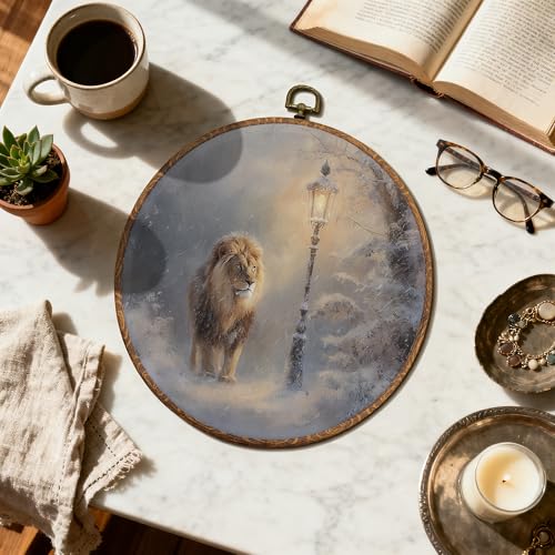 DOFQZ Winter Lamppost and Lion Round Wall Art Decor, Farmhouse Winter Bookish Framed Wall Art, Cottagecore Wildlife Canvas Wall Hanging Decor for Reading Nook Corner Room Library, 10x10 - color: 04Child