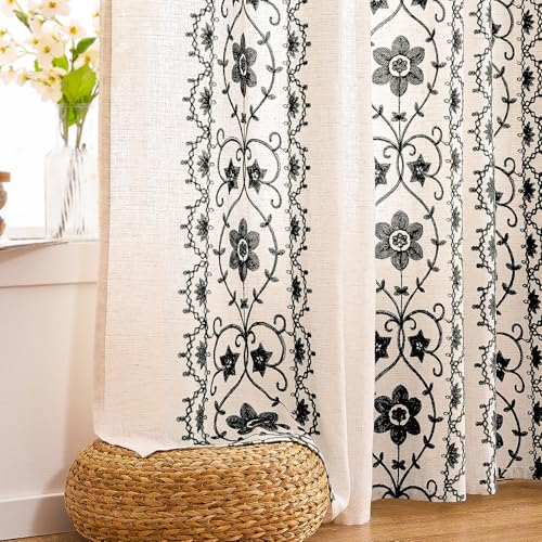 Black Boho Farmhouse Floral Linen Curtains 63 Inch Grommet 2 Panels - color: Black on Beige, size: 52"W x 63"L (Pack of 2)