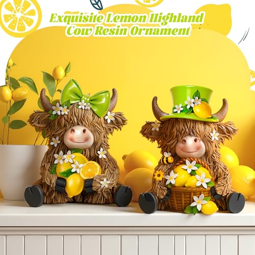 2 Pcs Resin Highland Cow Figurines Decor, Lemon Style - style: Lemon