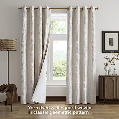 Beige and Silvery 100% Blackout Jacquard Geometric Pattern Curtains,52 Inch Wide 84 Inches Long 2 Panels, Thermal Insulated Noise Reducing Anti-Rust Grommet Drapes for Bedroom Living Room, Cream - color: Beige and Silvery, size: 52"W x 84"L (Pack of 2)