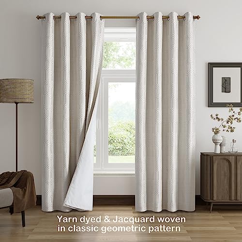 Beige and Silvery 100% Blackout Jacquard Geometric Pattern Curtains,52 Inch Wide 84 Inches Long 2 Panels, Thermal Insulated Noise Reducing Anti-Rust Grommet Drapes for Bedroom Living Room, Cream - color: Beige and Silvery, size: 52"W x 84"L (Pack of 2)