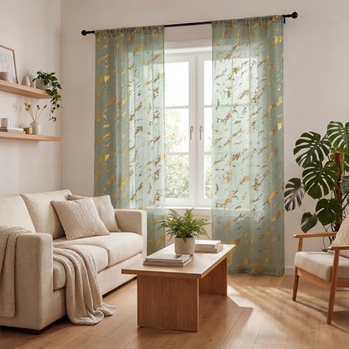 Horaldaily 2Pcs Sage Green Sheer Curtains 52x63in, Gold Sequin Marble - color: Sage Green and Gold, size: 52"W x 63"L (Pack of 2)