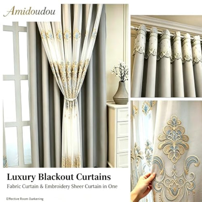 Amidoudou European Curtains with Valance, Double Layer, Grey, 51x90 Inch - color: Grey, size: 51"W x 90"L (Pack of 2)