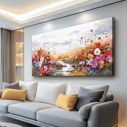 XIGUANGART Large Wall Art Canvas Prints Wildflowers Plants Painting Artwork Colorful Flowers Scenery Farmhouse Wall Decor Pictures Modern Home Decor for Living Room Dining Room Bedroom Office Bathroom - color: Flower Painting, size: 48"L x 24"W
