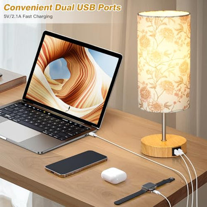 CINSARY Bedside Touch Lamp with Flower Fabric Shade, 3 Way Dimmable Wood Bedroom Lamp for Nightstand with 2 USB Charging Ports, Small Table Lamp for Living Room Reading Desk (LED Bulb Included) - color: Flower2-15" H