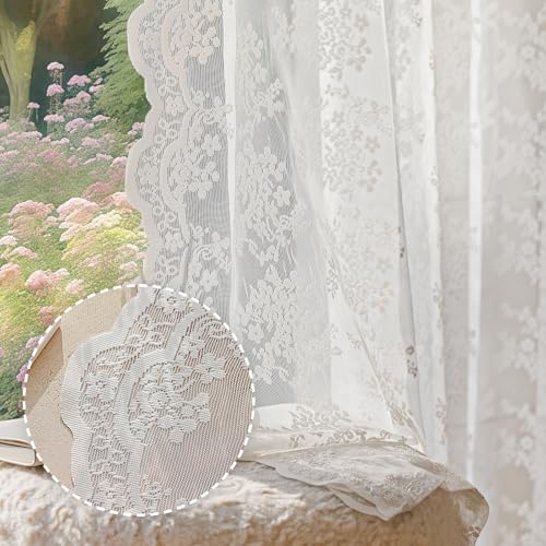 Anmao Vintage White Lace Curtains 84 Inches Long 2 Panels Set, Romantic Elegant Light Filtering Semi Sheer Floral Thick Lacy Curtain Drapes for Living Room and Bedroom, Each Panel 55W x 84L, Off White - color: White Plum, size: 55"W x 84"L (Pack of 2)