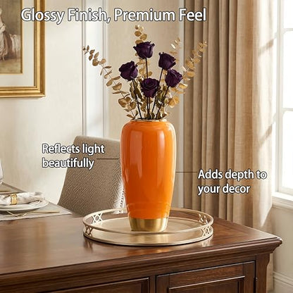 Orange Ceramic Vase for Table, 11.8 Inch Tall