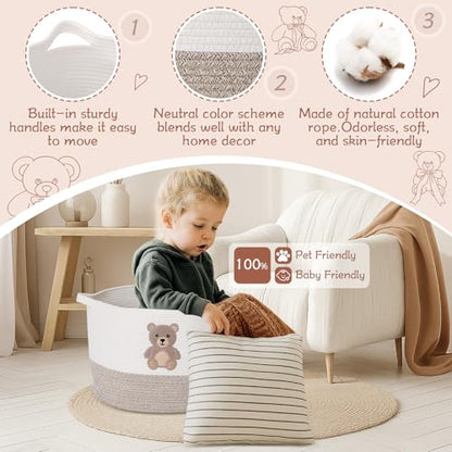 LemonRoad Large Woven Bear Basket, Cotton Rope, Funny Bear, Brown - color: Brown, size: Cotton Rope, style: Funny Bear