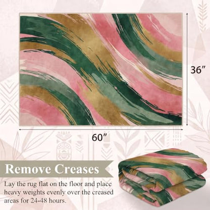 3x5 Pink and Green Area Rug, Modern Abstract Brushstroke Design - color: Pink/Green/Gold, size: 3' x 5' (Rectangular)