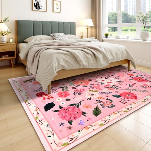 Terrug Floral Large Area Rug for Living Room, 6x9 Pink Washable Rug Boho Ultra-Thin Carpet, Soft Non Slip Stain Resistant Vintage Rug for Living Room, Bedroom, Dorm, Dining Room, Office - color: Pink, size: 6' x 9' (Rectangular)