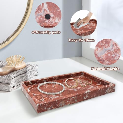 Luxury Red Marble Decorative Tray – 11.8" × 7.9" Natural Solid Stone Vanity Tray for Bathroom, Kitchen, Coffee Table, Jewelry, Makeup, Dresser – Elegant Home Décor & Gift