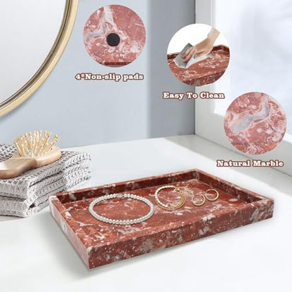 Luxury Red Marble Decorative Tray – 11.8" × 7.9" Natural Solid Stone Vanity Tray for Bathroom, Kitchen, Coffee Table, Jewelry, Makeup, Dresser – Elegant Home Décor & Gift