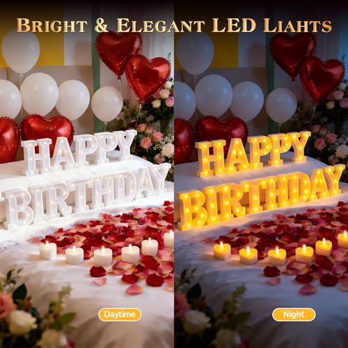 Happy Birthday Light up Letters, Include Tea Lights Candles, Latex Balloons, Aluminum Balloons and Rose Petals, Special Festival, Surprise Gifts for Women and Men - color: Happy Birthday
