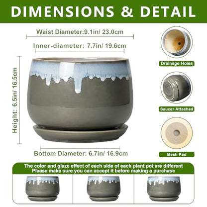 Ceramic Flower Pots, 9 Inch Planters for Indoor Plants, Grey-Blue - size: 9 Inch, style: Grey-blue