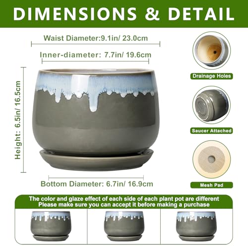 Ceramic Flower Pots, 9 Inch Planters for Indoor Plants, Grey-Blue - size: 9 Inch, style: Grey-blue
