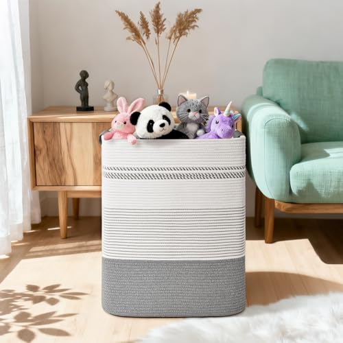 Laundry Hamper, 105L Tall Laundry Basket with Leather Handles, Rectangle Large Clothes Hamper for Organizing, Cotton Woven Laundry Baskets Storage Hampers for Bedroom, Nursery, Living Room - color: Grey, size: 105L