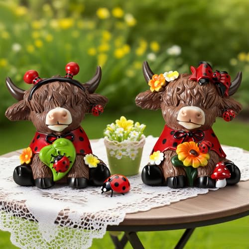 Karenhi 2 Pcs Highland Cow Figurines Resin, Ladybird Tabletop Decor - style: Ladybird