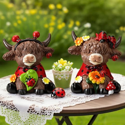 Karenhi 2 Pcs Highland Cow Figurines Resin, Ladybird Tabletop Decor - style: Ladybird