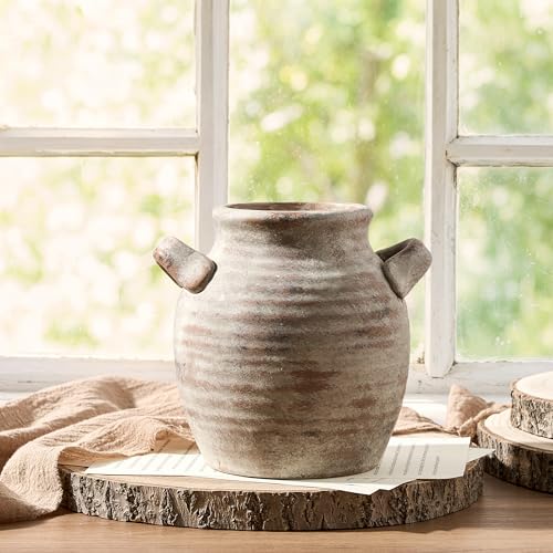 Vanselia Ceramic Flower Vase Home Decor - Farmhouse Table Vases with Handle Living Room Decoration Vintage Decorative Aesthetic for Shelf Coffee Dining Desk House Bookshelf Fireplace (6" Rustic) - color: 6" Retro