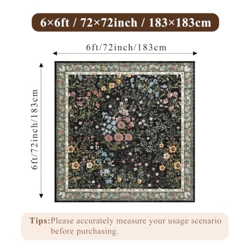 6x6 Washable Area Rug Living Room: Floral Non-Slip Washable Mat for Indoor Floor Dining Room Bedroom High Traffic Area - Soft Low Pile Carpet for Vintage Boho Home Decor (6ft Square, Beige) - color: Black, size: 6x6