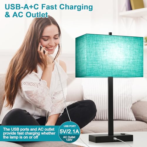 Lynnoland 21" Set of 2 Table lamp with USB A+C & AC Outlets, Touch Control 3-Way Dimmable Nightstand Lamps for Bedroom Living Room Office Reading, Green Shade Touch Lamps, 5000K LED Bulbs Included - color: Green Linen & Matte Black