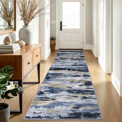 Abstract Washable Runners for Hallway 3x10 Runner Rug Non Slip - color: Navy / Blue / Taupe, size: 3' x 10' (Runner)