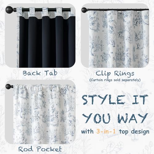 jinchan Blue Blackout Curtains W38xL63 Woodland Back Tab 2 Panels - color: Blue on Beige, size: 38"W x 63"L (Pack of 2)