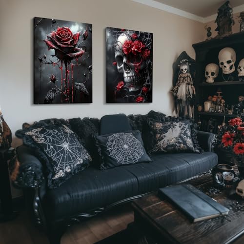 Hianan Wrapped Canvas Dark Goth Crow Rose Skull Wall Art Set of 3, 12x16 in - color: Black-Red, size: 16"L x 12"W