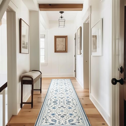 EVERGRACE Hallyway Area Runner Rugs 2x10, Boho Floral Faux Wool Indoor Outdoor Rugs, Washable Rugs for Bedroom Dining Room Living Room Kitchen, Low Pile Floor Mat Carpet for Home Decor, Porcelain Blue - color: Porcelain Blue Multi, size: 2'x10'