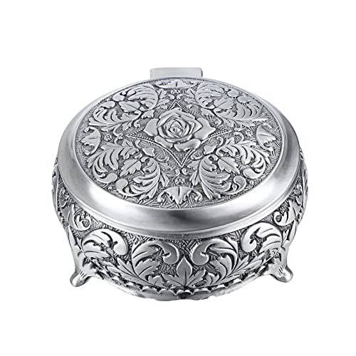 Hipiwe Metal Jewelry Box Vintage Ring Holder Small Round Trinket Organizer - style: Round,Silver