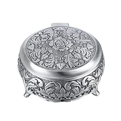 Hipiwe Metal Jewelry Box Vintage Ring Holder Small Round Trinket Organizer - style: Round,Silver