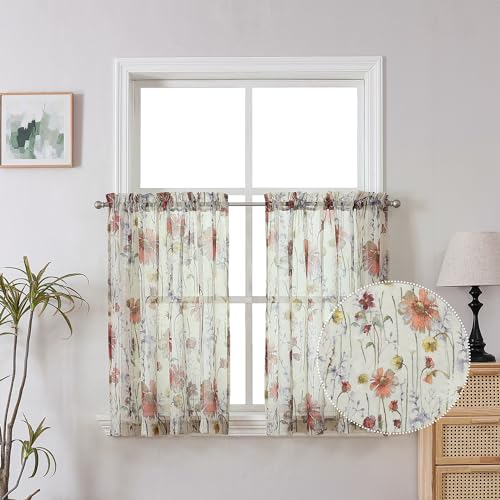 OWENIE Crushed Sheer Curtains Kitchen Tiers 36 Inch Length 2 Panels, Printed Design Small Window Half Curtains for Bathroom Cafe Bedroom Cupboard Living Room, Short Light Filtering Curtain, 42"x36" - size: 42"W x 36"L (Pack of 2)