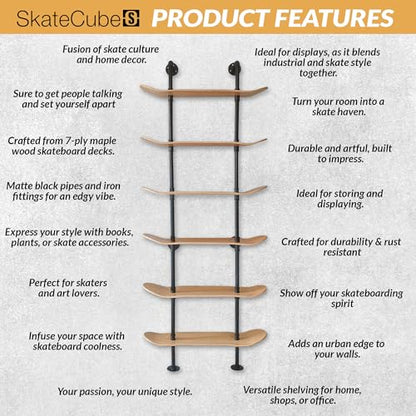 Industrial Pipe Bookcase, 6 Tier Shelf, Natural Wood Stain Finish - size: 6 Tier Shelf
