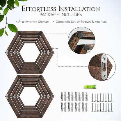 Hexagon Floating Shelves Set of 8 Honeycomb Shelves for Wall, Wooden Hexagon Shelves for Farmhouse Storage - color: Rustic Brown