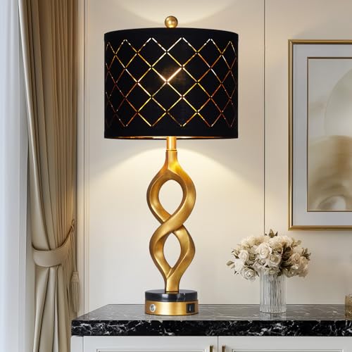 Cinyirong 30" Black and Gold Table Lamp for Living Room, Modern Touch Control Bedside Lamp for Bedroom, 3-Way Dimmable Sculptural Resin Nightstand Lamp with USB A+C Ports and 1 LED Bulb (1 Pack) - color: Black & Gold (1 Pack)