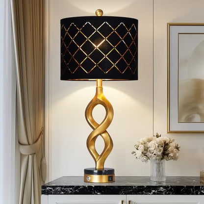 Cinyirong 30" Black and Gold Table Lamp for Living Room, Modern Touch Control Bedside Lamp for Bedroom, 3-Way Dimmable Sculptural Resin Nightstand Lamp with USB A+C Ports and 1 LED Bulb (1 Pack) - color: Black & Gold (1 Pack)