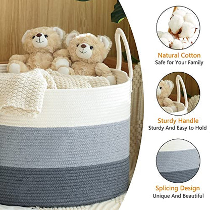 KAKAMAY Large Blanket Basket (20"x13"),Woven Baskets for storage Baby Laundry Hamper,Cotton Rope Blanket Basket for Living Room, Laundry, Nursery, Pillows, Baby Toy chest with Handles (White/Grey) - color: White and Grey