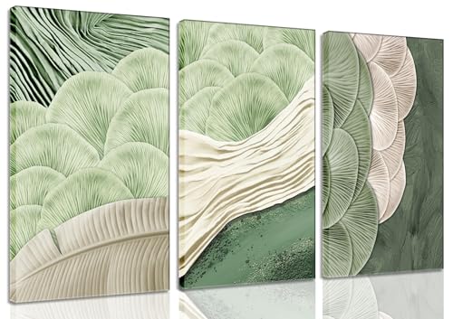 Framed Abstract Green Wall Art Set of 3-Mid Century Textured Natural Botanical Living Room Wall Decor, Green Botanical Canvas Posters Print for Bedroom Office Home Decor Picture 12x16 In - color: Green, size: 12x16 in