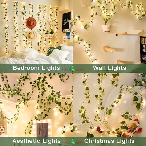 suddus 33FT 100LED Ivy Vine Fairy Lights Battery Operated Copper Wire - color: IVY, size: 100 LED-Battery
