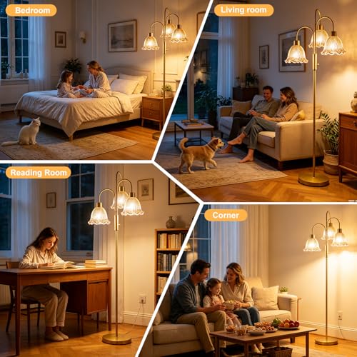 Glass Floor Lamp 3-Light 70" Amber Flower Gold Dimmable Tall Standing Lamps - color: Amber Flower-Gold
