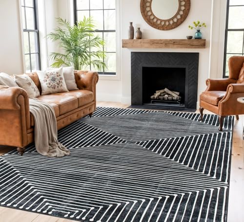 Rugshop Bohemian Stripes Marbella Non-Slip Washable Area Rug Black 5' x 7' - color: Black, size: 5' x 7' (Rectangular)