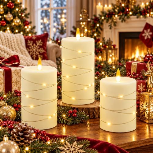Flickering flameless Candles with String Lights, Battery-Powered, LED Pillar Candles, Candle Set with Remote Control and Timer, 3-piece Candle Set in Ivory White - color: Off-White