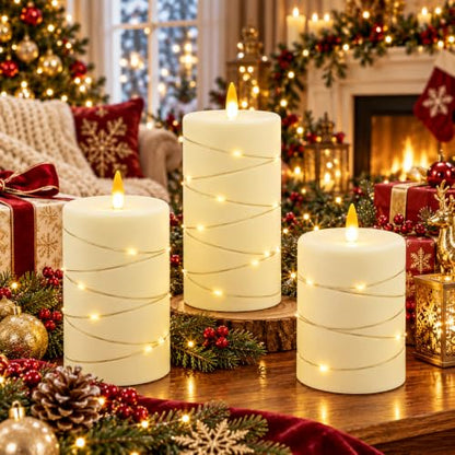 Flickering flameless Candles with String Lights, Battery-Powered, LED Pillar Candles, Candle Set with Remote Control and Timer, 3-piece Candle Set in Ivory White - color: Off-White