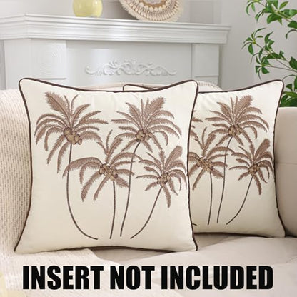 Embroidered Pillow Covers 18x18 Brown Coconut Trees Fall Decor - color: Brown Coconut Palm Trees