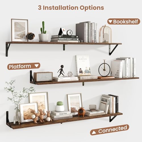 Axeman 48 Inch Floating Shelves, 8 Inch Deep Brown Wall Shelves Set of 2 - color: Rustic Brown, size: 47.3 Inch