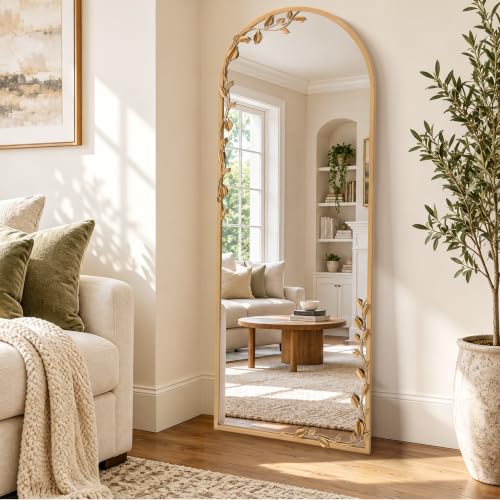 Besdomus Arched Full Length Mirror: 21"x56" Ornate Brass Gold Floor Mirror - size: 21"L x 56"W